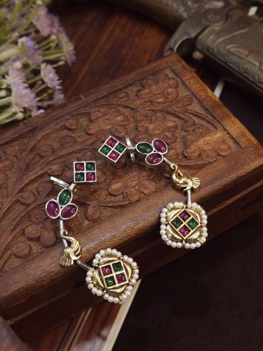 Buy Ruby Red and Green Stone Dual Tone Oxidised Earcuff Earrings Online - TheJewelbox