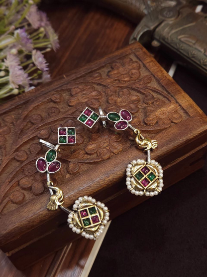 Buy Ruby Red and Green Stone Dual Tone Oxidised Earcuff Earrings Online - TheJewelbox