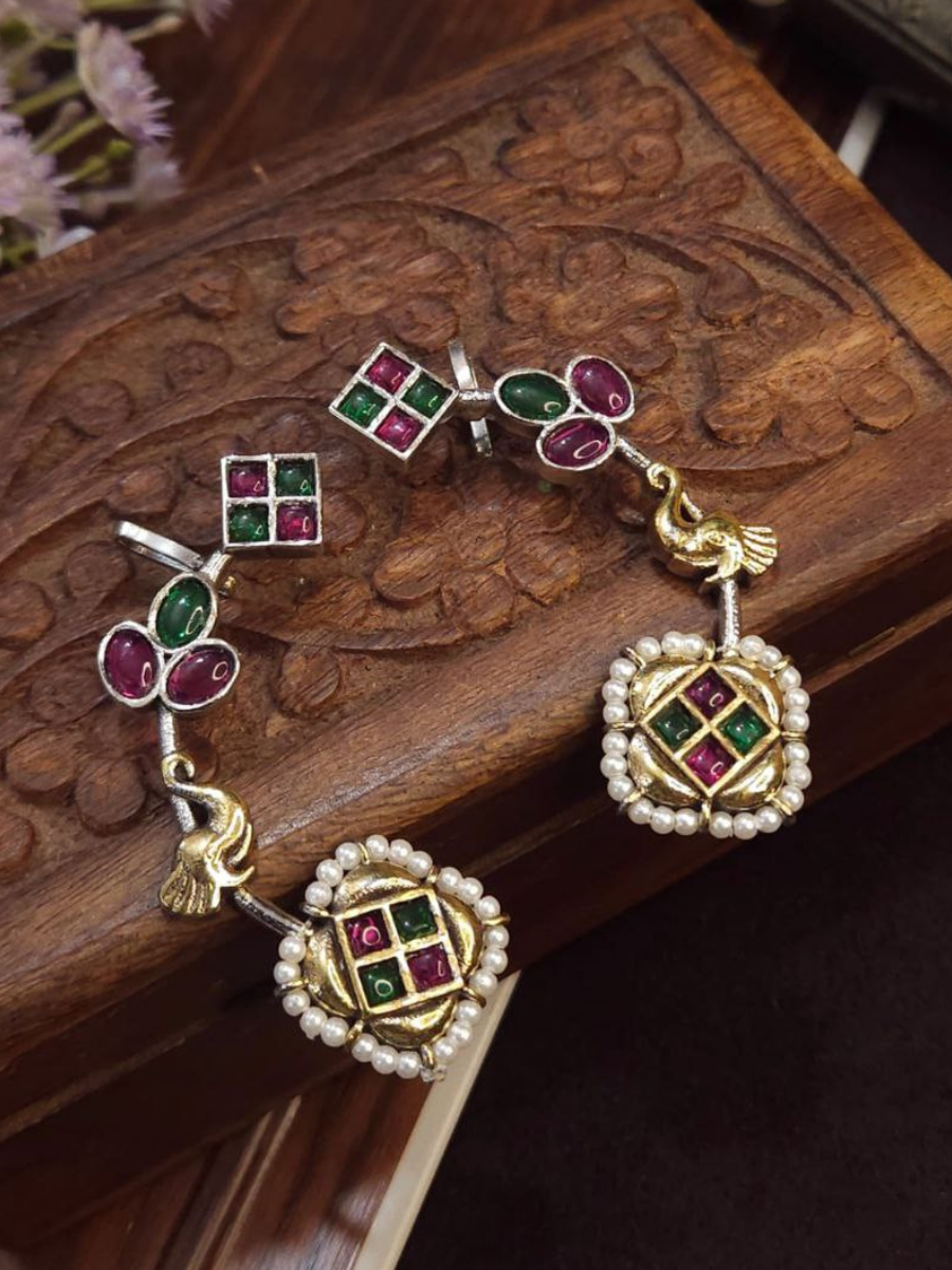 Ruby Red and Green Stone Dual Tone Oxidised Earcuff