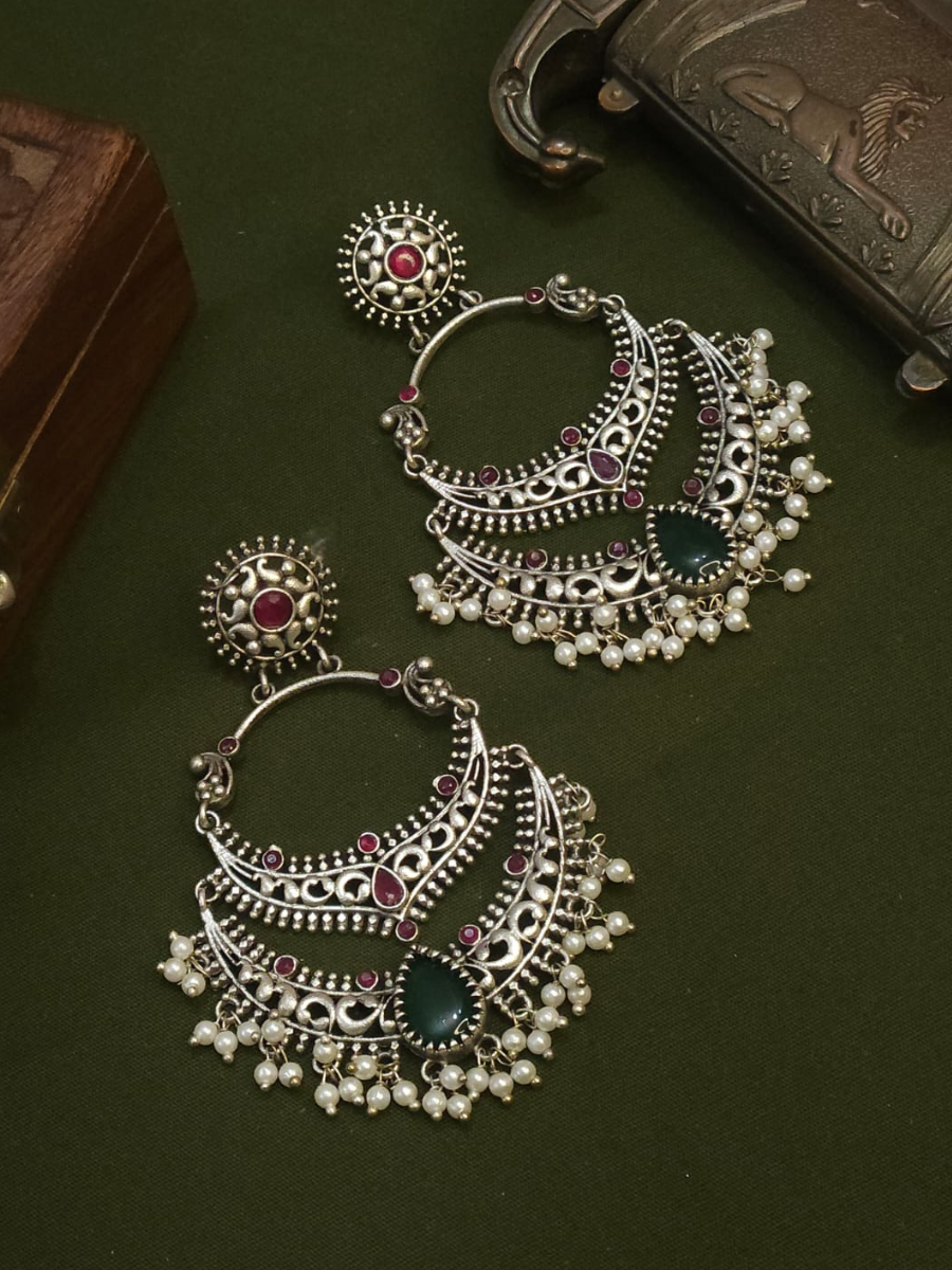 Ruby Red and Green Stone German Silver Oxidised Chandbali Earrings