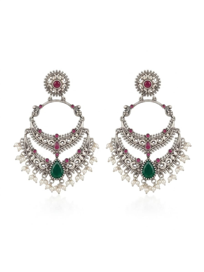 Ruby Red and Green Stone German Silver Oxidised Chandbali Earrings