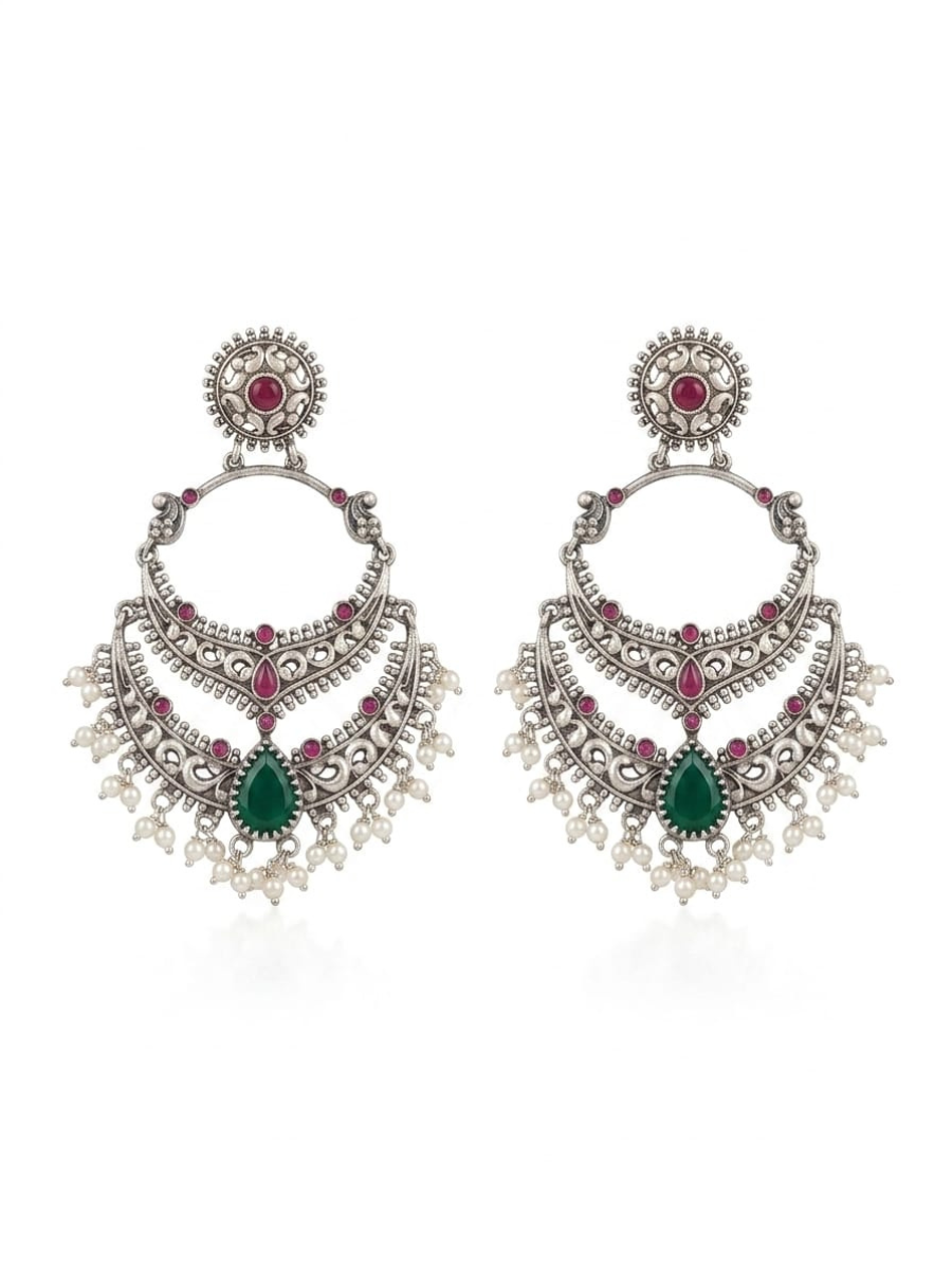 Ruby Red and Green Stone German Silver Oxidised Chandbali Earrings