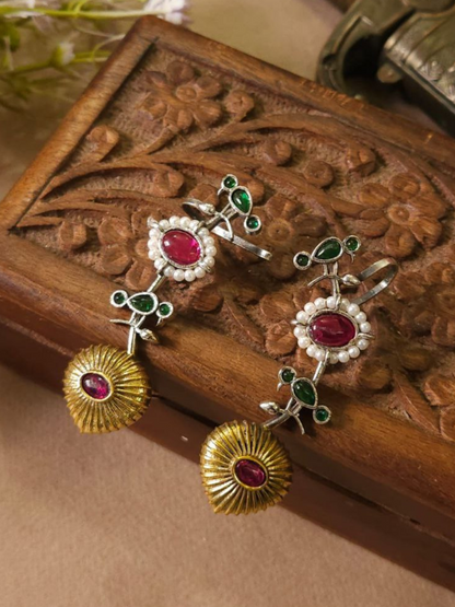 Ruby Red and Green Stones Dual Tone Oxidised Bird Earcuffs