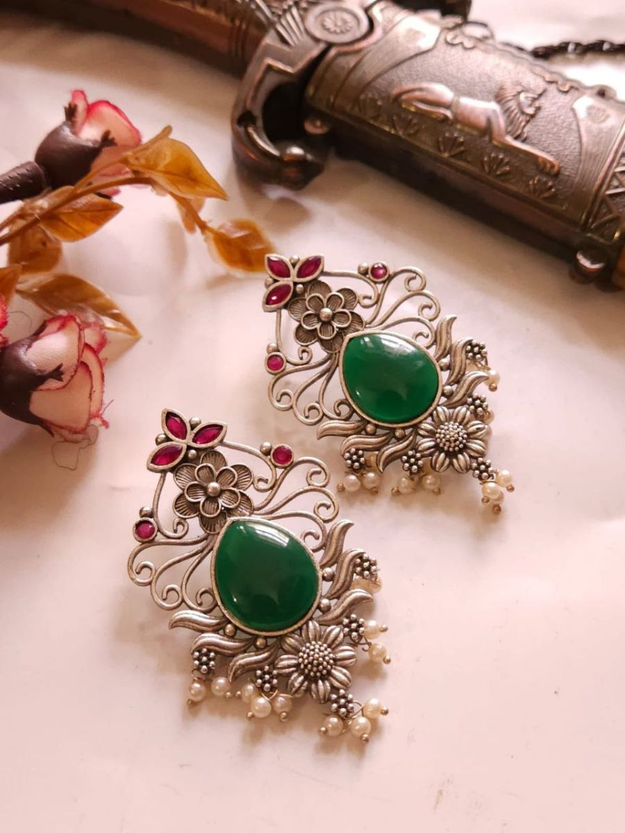 Ruby Red and Green Stones Oxidised Silver Stud Earrings