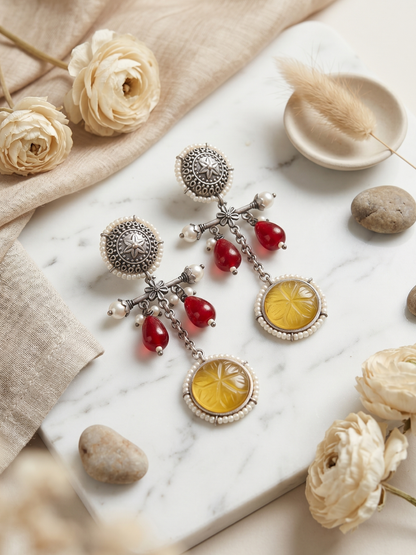 Buy Ruby Red and Yellow Stone Oxidised Silver Drop Earrings Online in India