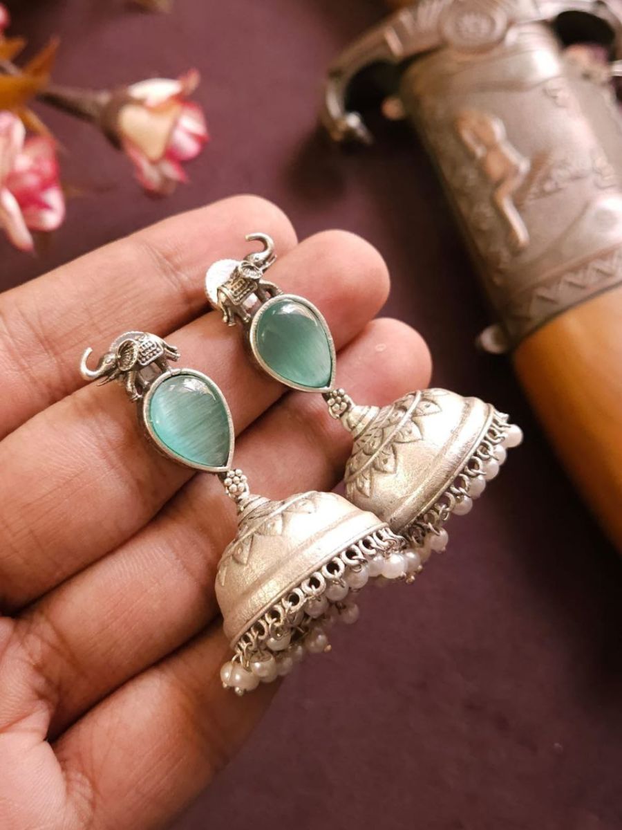 Buy Sea Green Monalisa Stone Elephant Big Jhumka Earrings Online - TheJewelbox