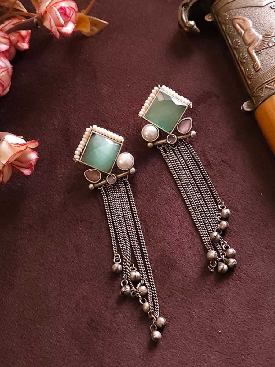 Buy Sea Green Monalisa Stone Oxidised Silver Long Earrings Online - TheJewelbox