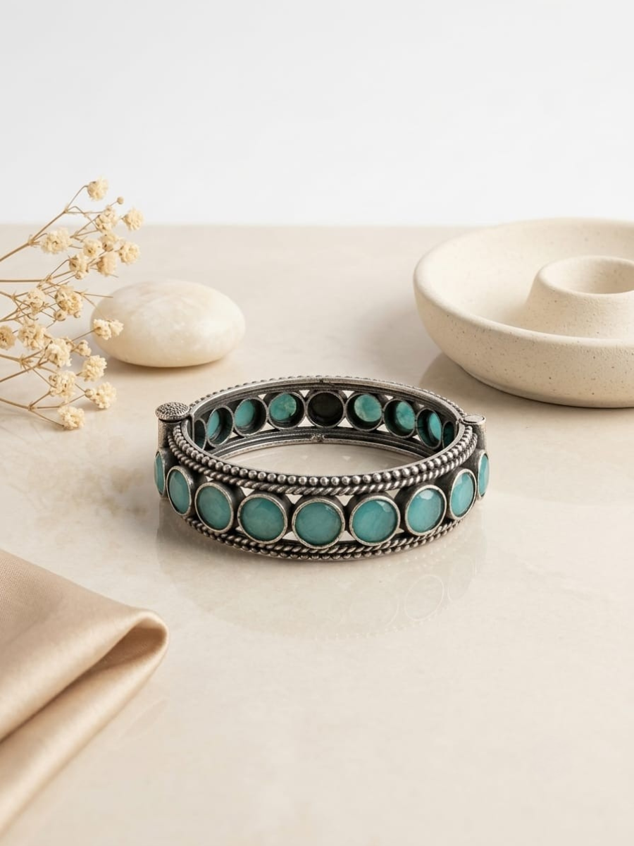 Buy Sea Green Round Stone German Silver Oxidised Bangle Online in India