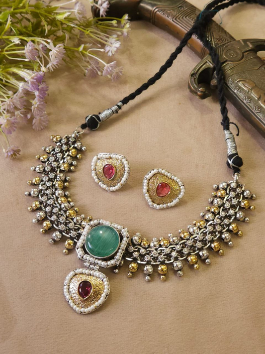 Buy Sea Green Stone Dual Tone Oxidised Choker Necklace Set Online - TheJewelbox