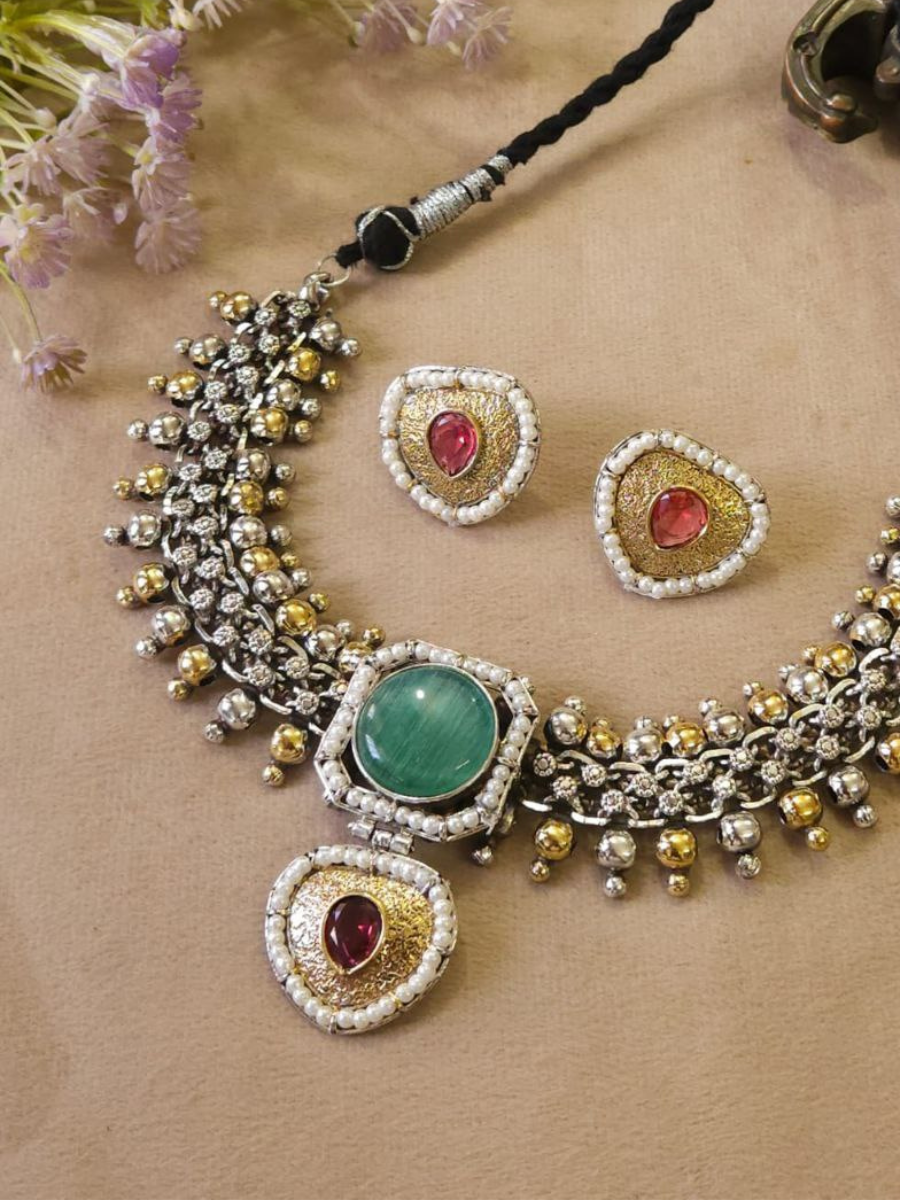 Sea Green Stone Dual Tone Oxidised Choker Necklace Set