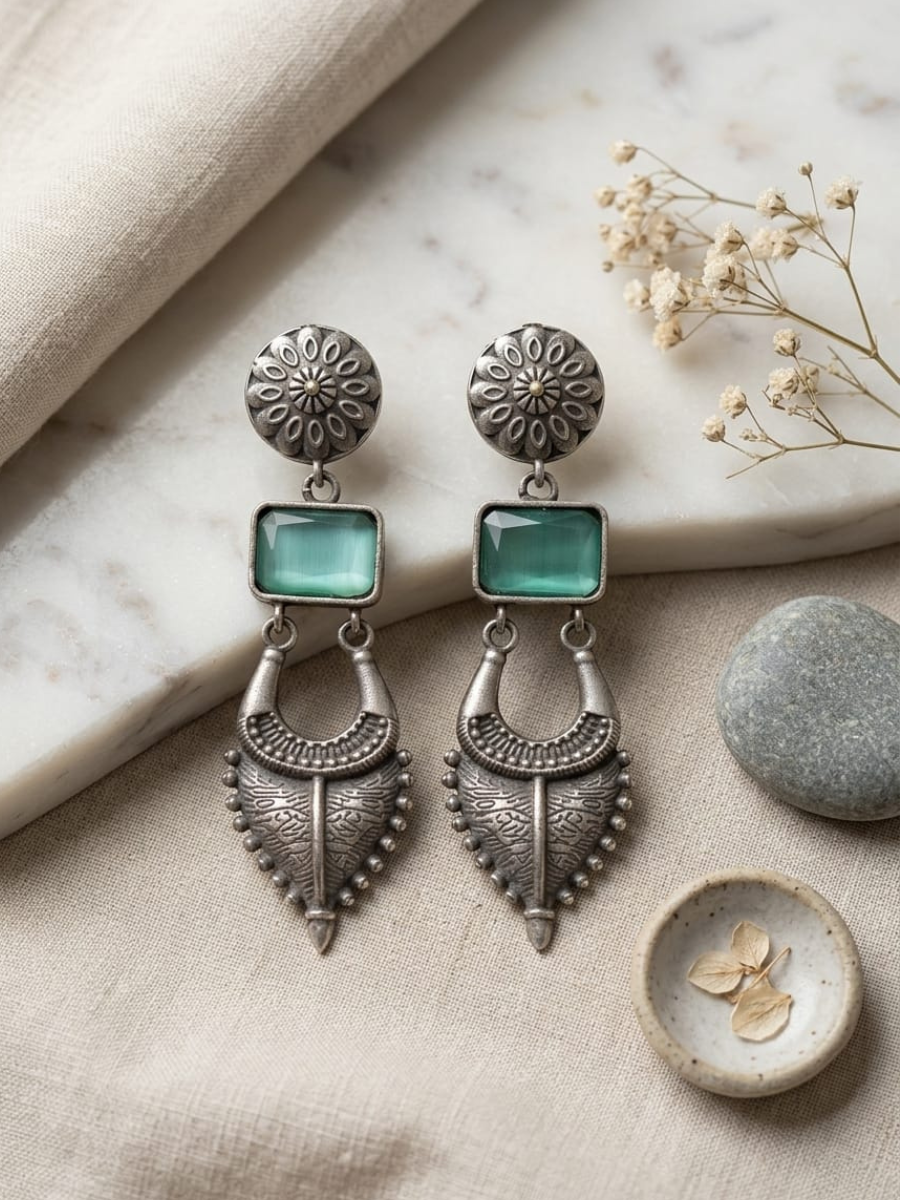 Long tribal silver drop earrings