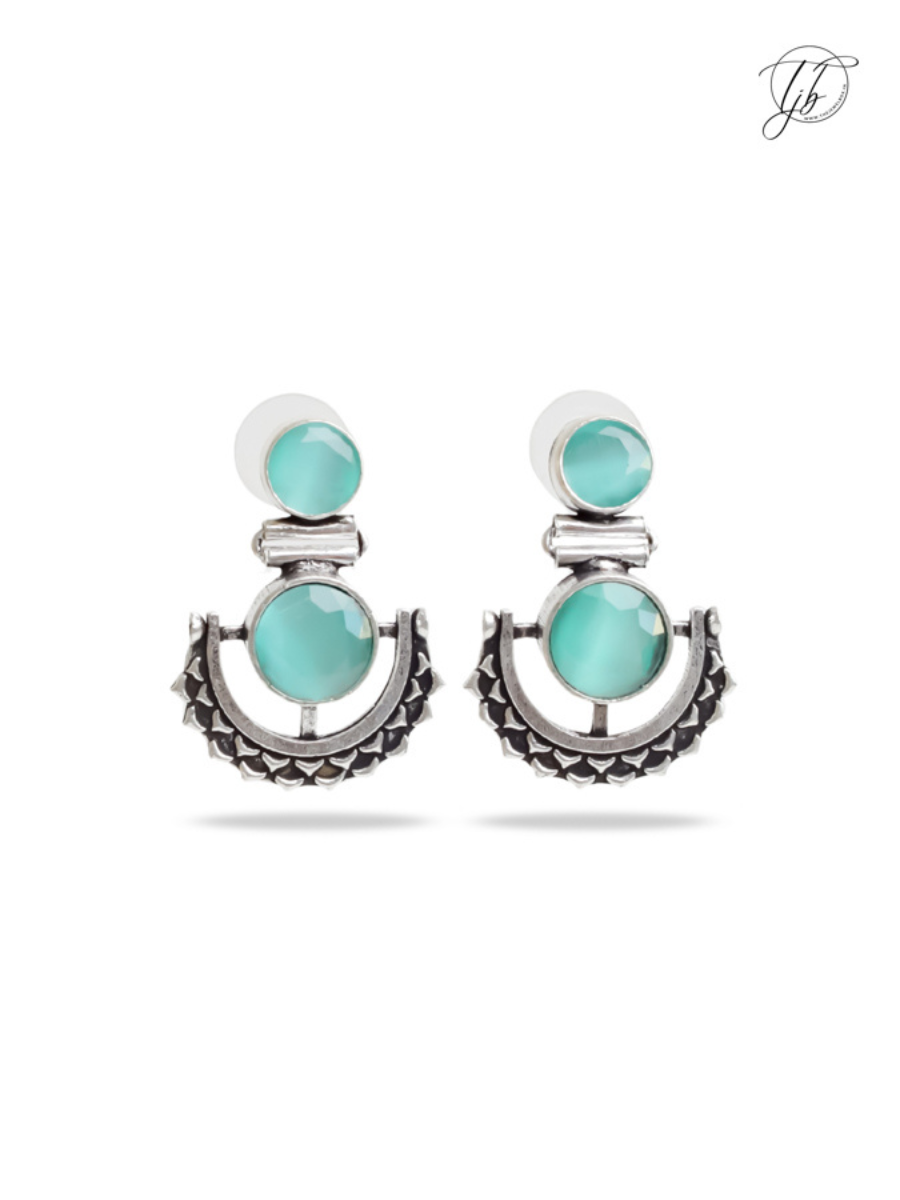 Sea Green Stone Studded Oxidised Silver Dangler Earrings