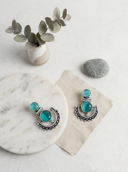 Buy Sea Green Stone Studded Oxidised Silver Dangler Earrings Online in India