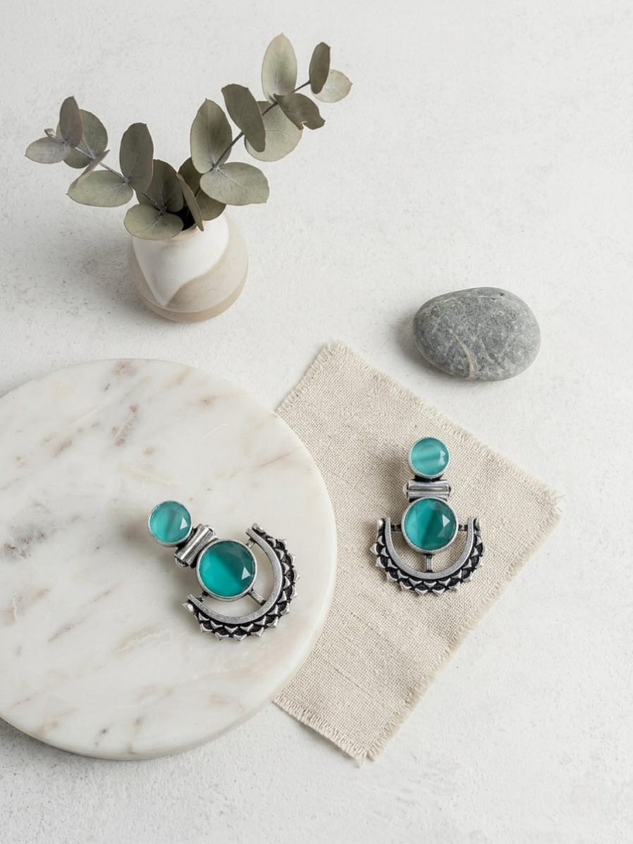 Buy Sea Green Stone Studded Oxidised Silver Dangler Earrings Online in India