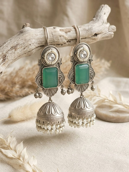 Buy Sea Green Stone Studded Oxidised Silver Long Jhumka Earrings Online in India