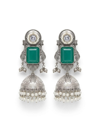 Sea Green Stone Studded Oxidised Silver Long Jhumka Earrings