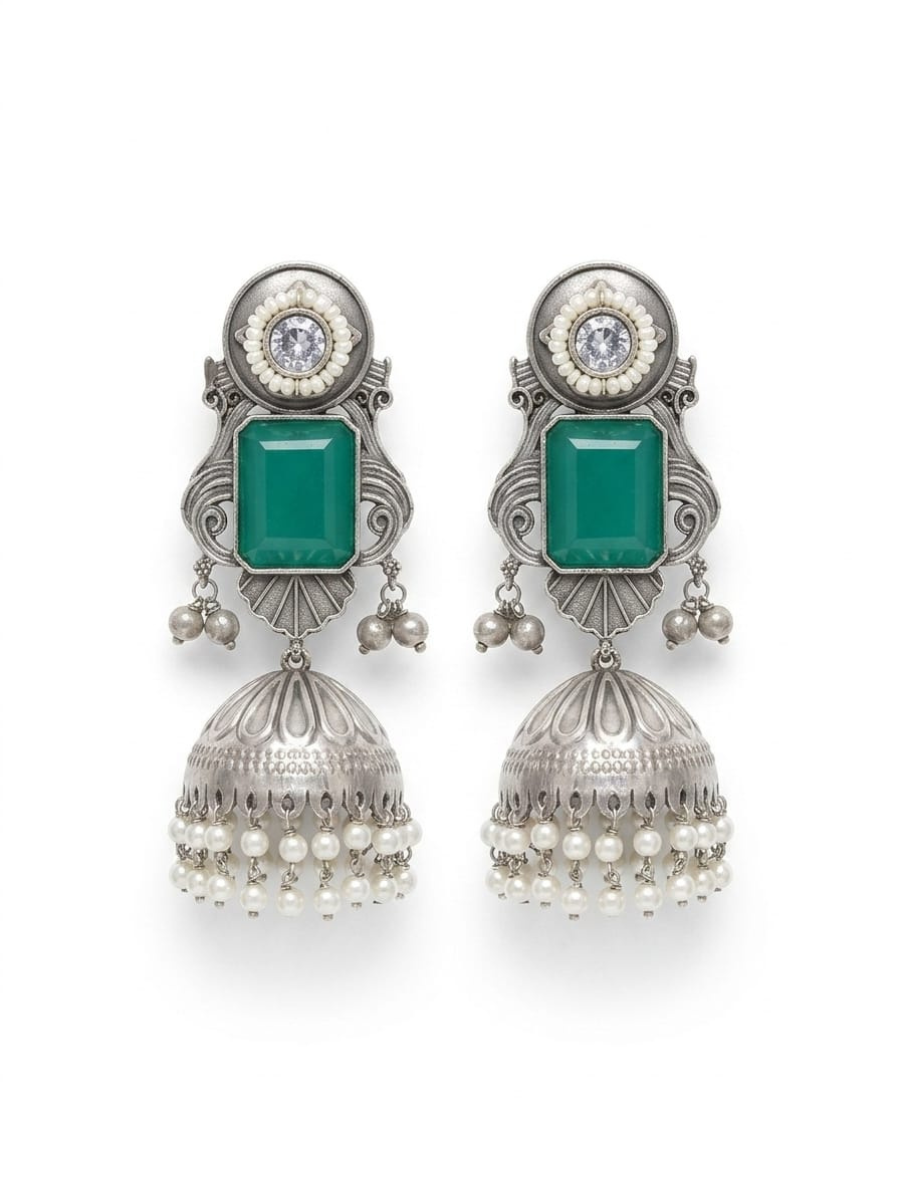 Sea Green Stone Studded Oxidised Silver Long Jhumka Earrings
