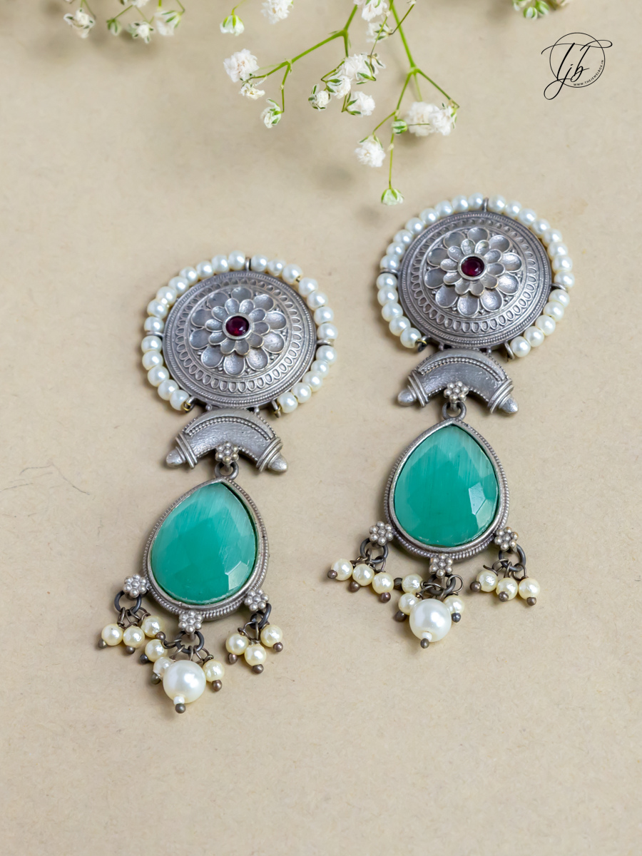 Buy Sea Green Stones German Silver Oxidised Dangler Earrings Online - Theewelbox