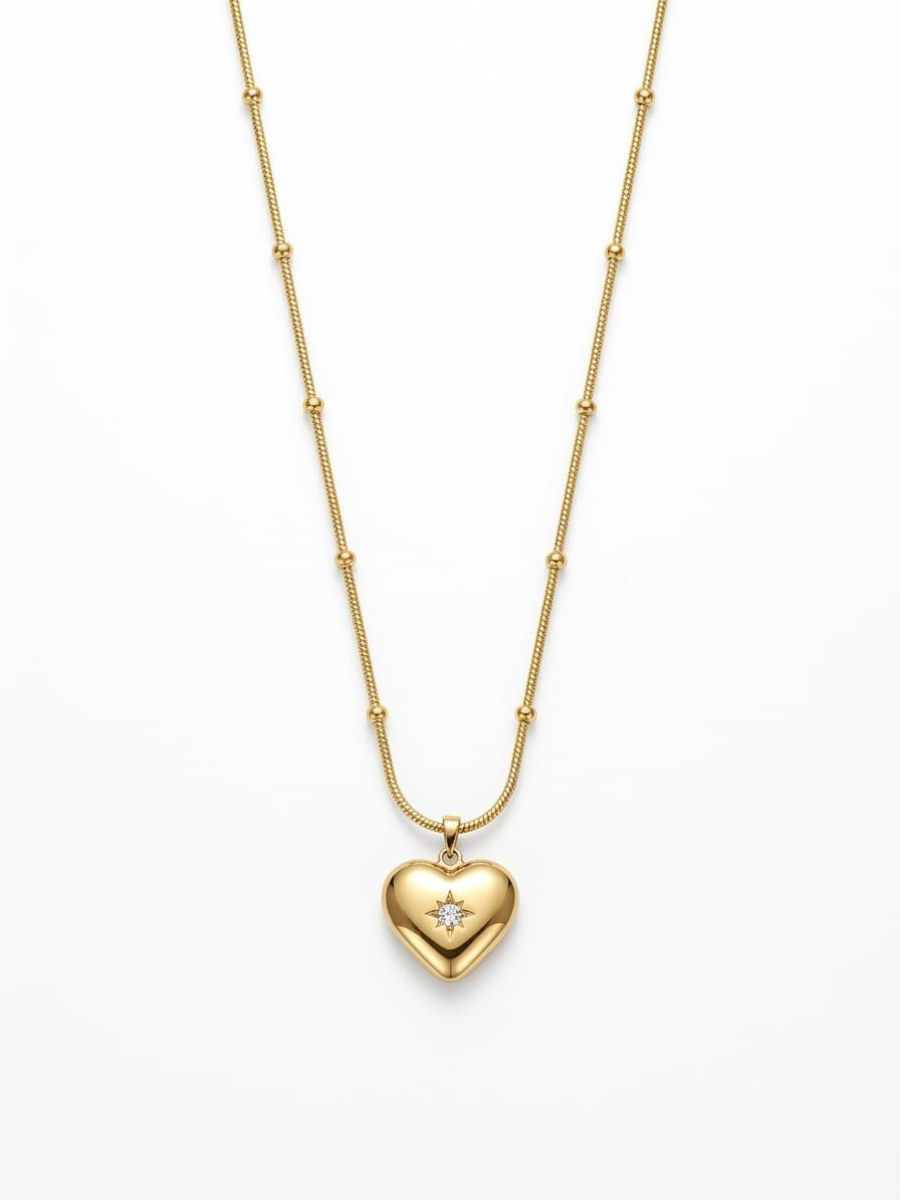 Shiney Love Drop Heart Pendant Golden Chain Necklace