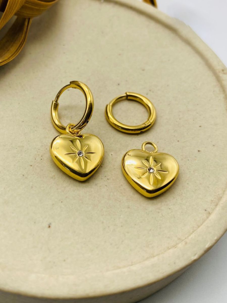 Shining Heart Hanging Golden Plated Huggie Hoop Earrings