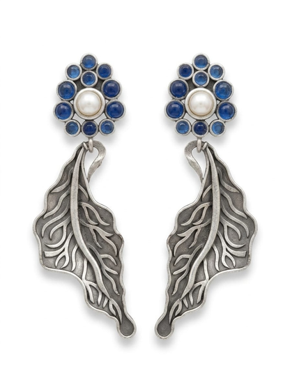 Silver Oxidised Blue Stones Floral Leaf Drop Earrings