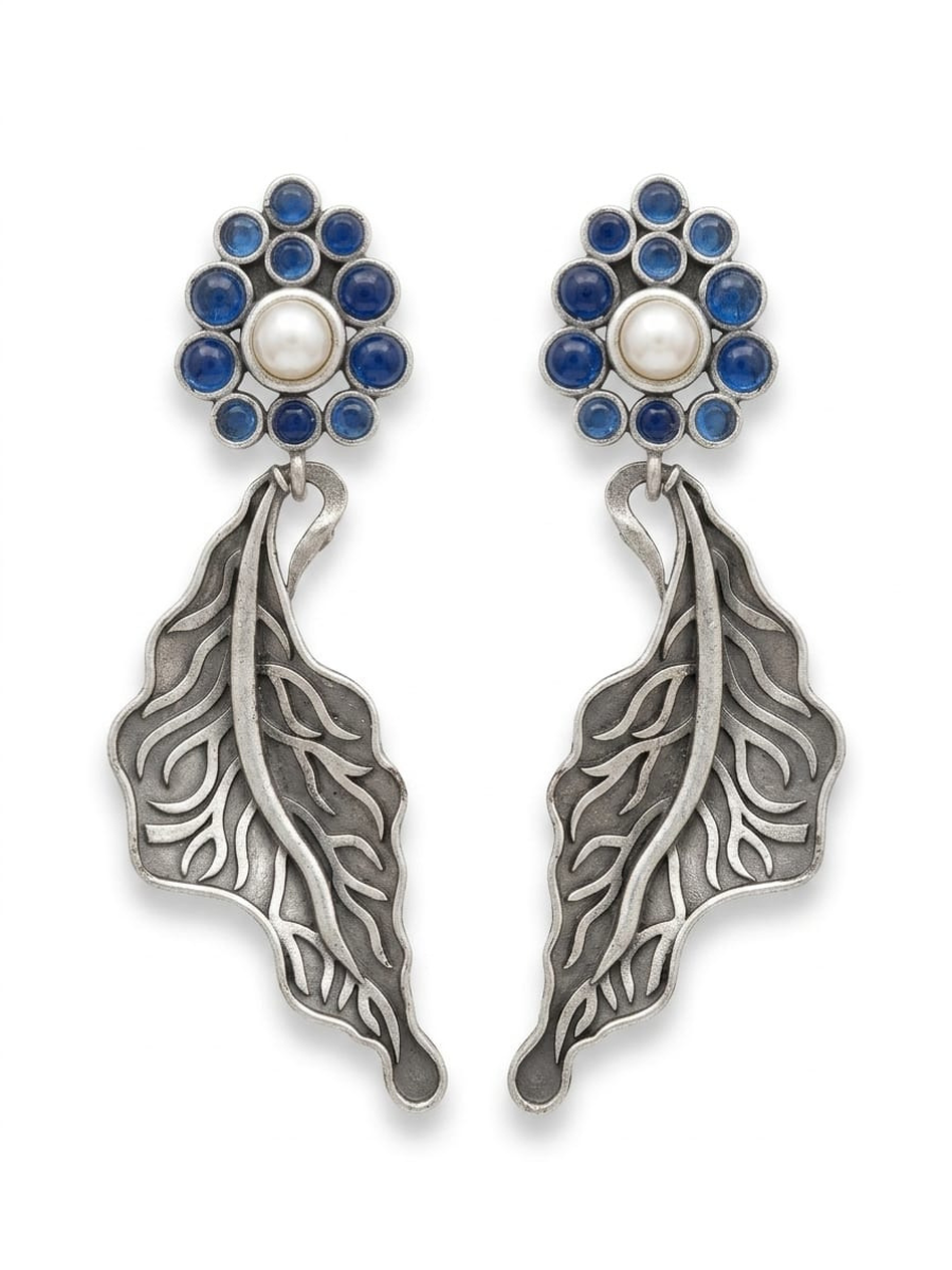 Silver Oxidised Blue Stones Floral Leaf Drop Earrings
