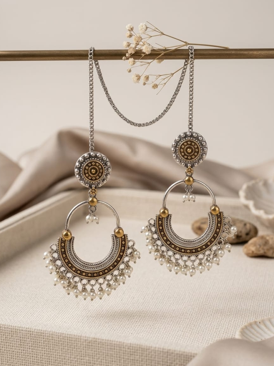 Buy Silver Plated Dual Tone Oxidised Chandbali Earrings Online in India