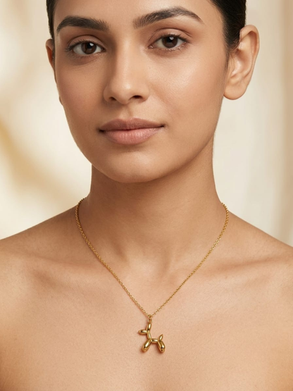 A model is wearing our Simple Balloon Puppy Charm Pendant Golden Chain Necklace