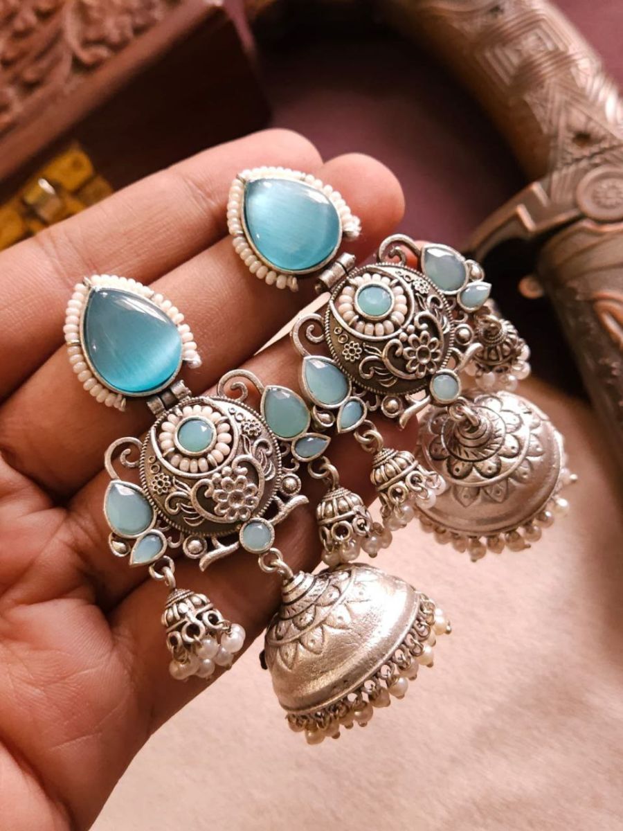 Buy Sky Blue German Silver Oxidised Jhumka Earrings - TheJewelbox