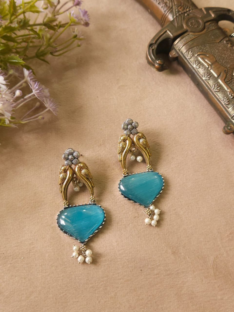 Buy Sky Blue Monalisa Stone Dual Tone Oxidised Stud Earrings Online - TheJewelbox