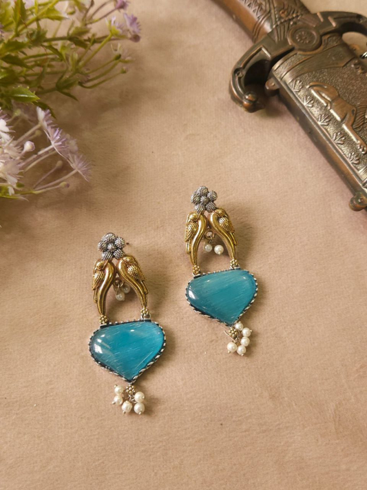 Buy Sky Blue Monalisa Stone Dual Tone Oxidised Stud Earrings Online - TheJewelbox