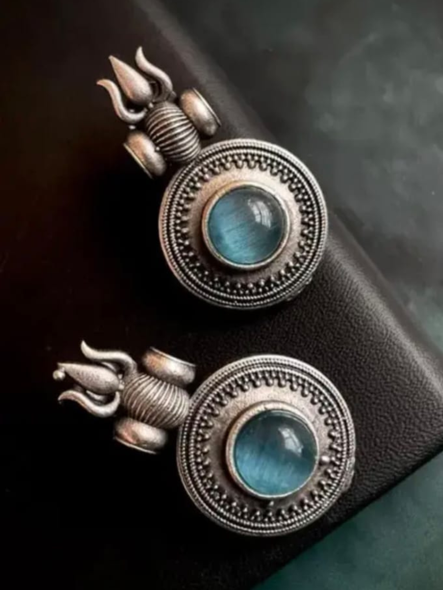 Buy Sky Blue Monalisa Stone Oxidised Silver Trishul Earrings Online - TheJewelbox