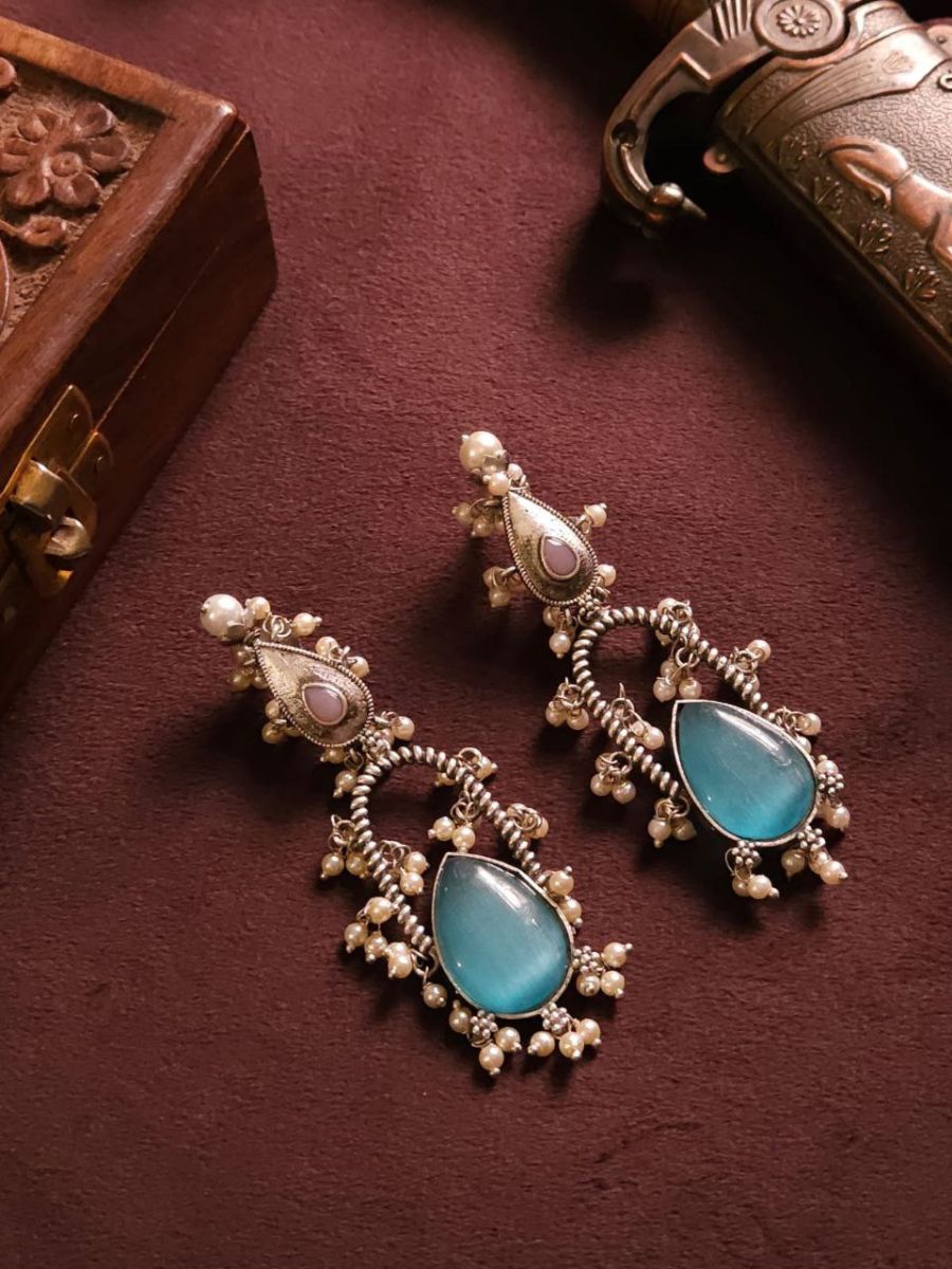 Buy Sky Blue Stone German Silver Oxidised Drop Earrings - TheJewelbox