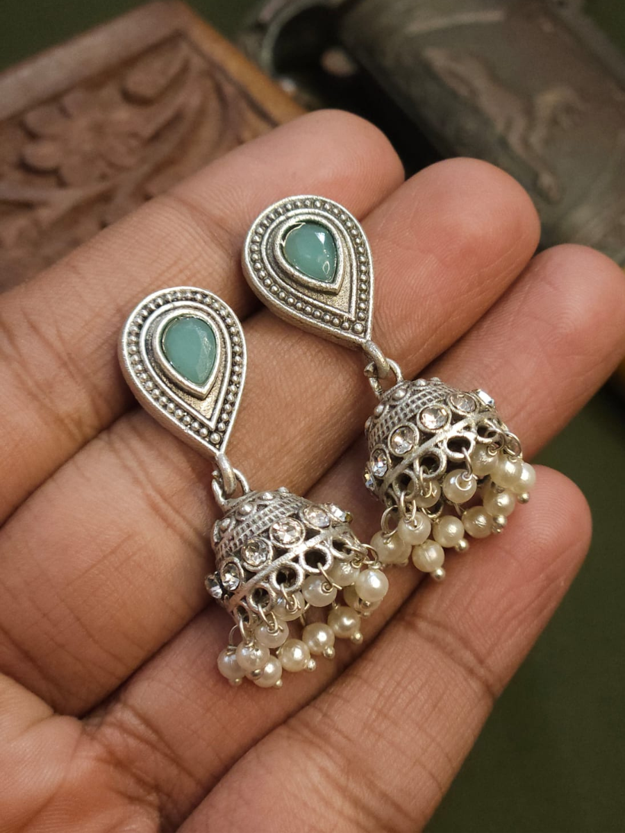 Sky Blue Stone Studded Oxidised Silver Small Jhumka Earrings