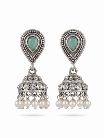 Sky Blue Stone Studded Oxidised Silver Small Jhumka Earrings