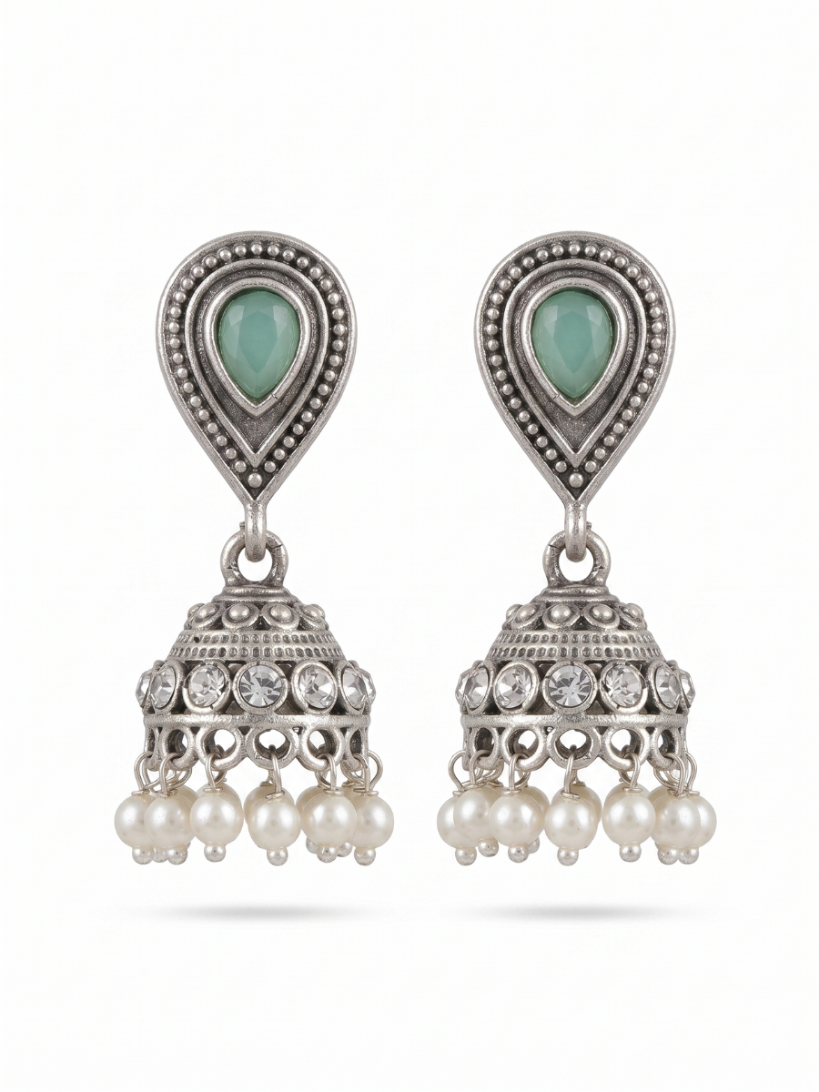 Sky Blue Stone Studded Oxidised Silver Small Jhumka Earrings
