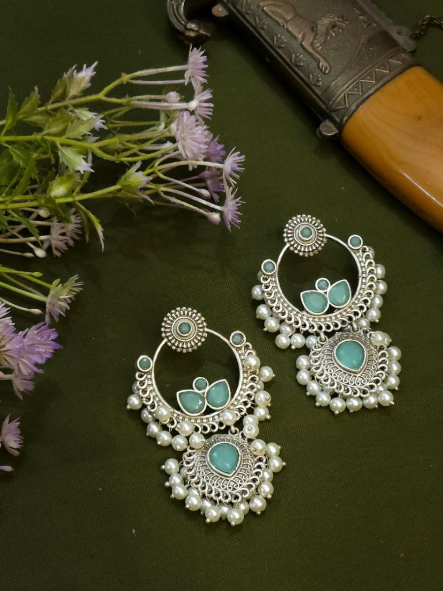 Buy Sky Blue Stones Oxidised Silver Chandbali Earrings Online - TheJewelbox