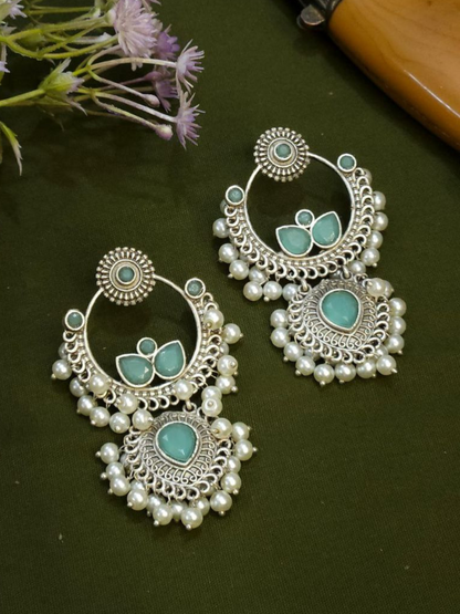 Sky Blue Stones Oxidised Silver Chandbali Earrings