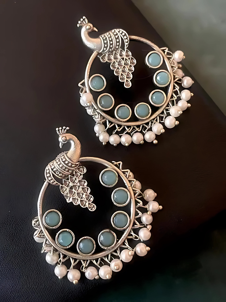 Buy Sky Blue Stones Oxidised Silver Peacock Hoop Earrings Online - TheJewelbox