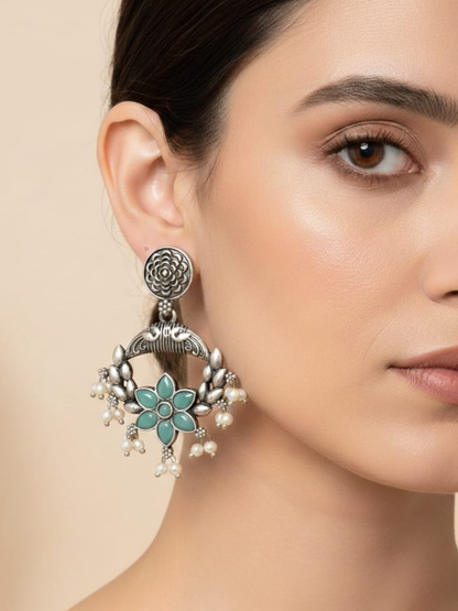 Oxidised silver teal floral chandbalis