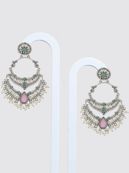 Buy Sky Blue and Pink Stone German Silver Oxidised Chandbali Earrings Online in India - TheJewelbox