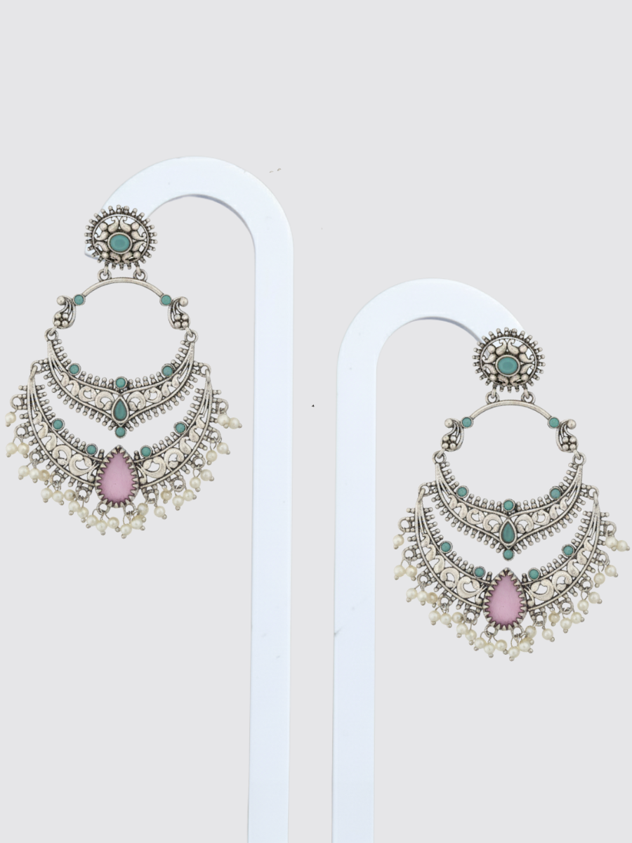 Buy Sky Blue and Pink Stone German Silver Oxidised Chandbali Earrings Online in India - TheJewelbox