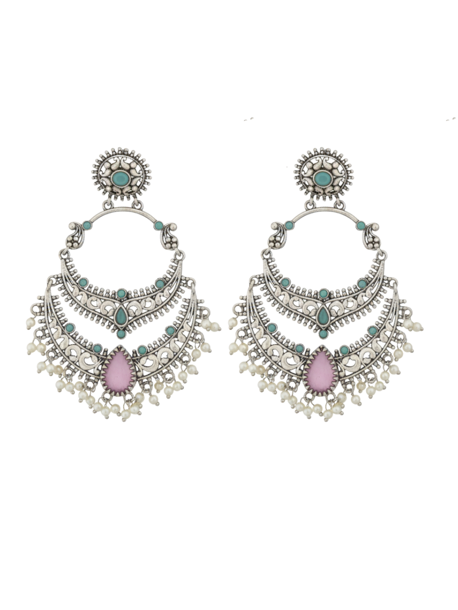 Sky Blue and Pink Stone German Silver Oxidised Chandbali Earrings