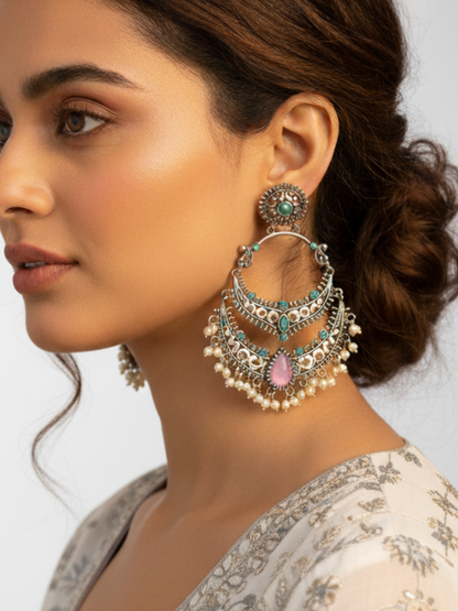 Sky Blue and Pink Stone German Silver Oxidised Chandbali Earrings