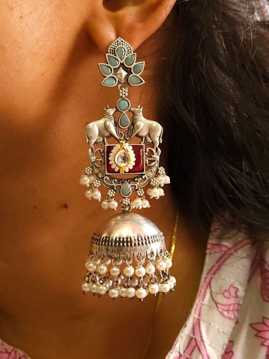 Sky Blue and Ruby Red Big Oxidised Jhumka Earrings