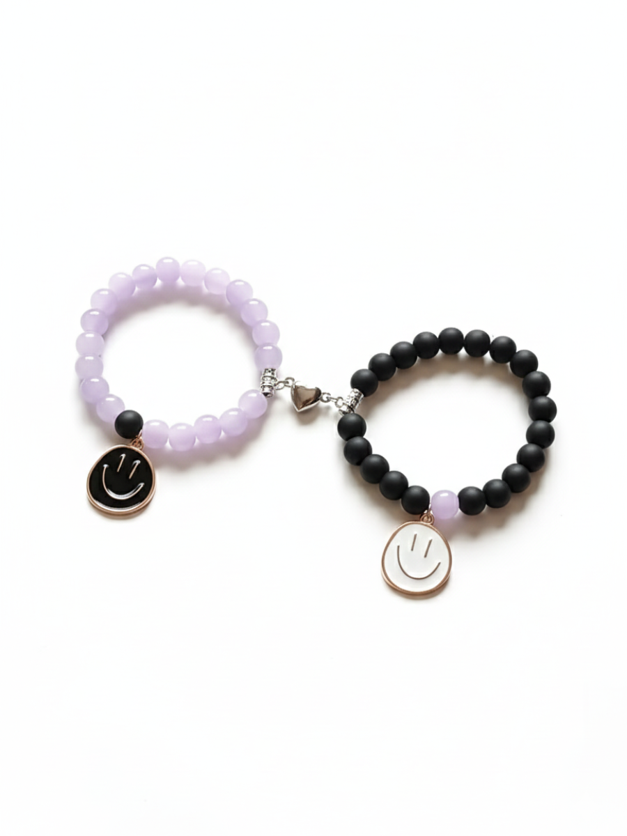 Cute Smiley Charms Black and Purple Beaded Couple Bracelets - TheJewelbox