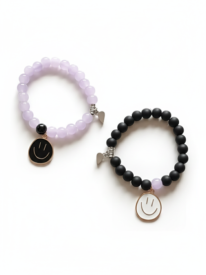 Black and Purple Cute Smiley Charms Beaded Couple Bracelets
