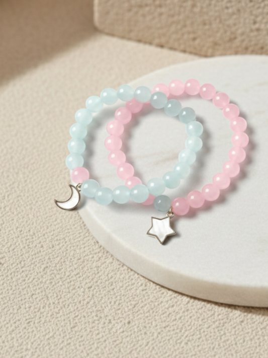 Star and Moon Charms Pink and Sky Blue Beaded Bracelets
