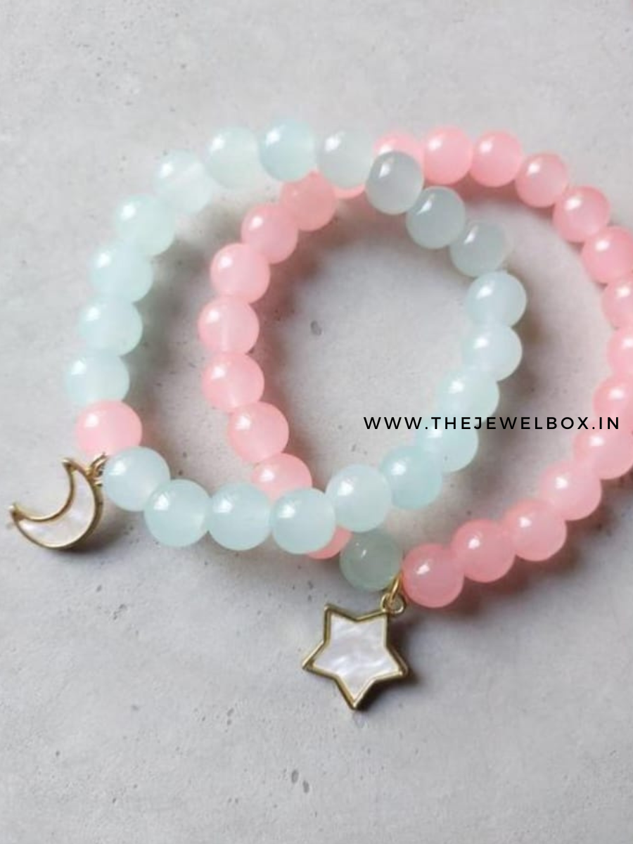 Pink and Sky Blue Beaded Star and Moon Charms Bracelets