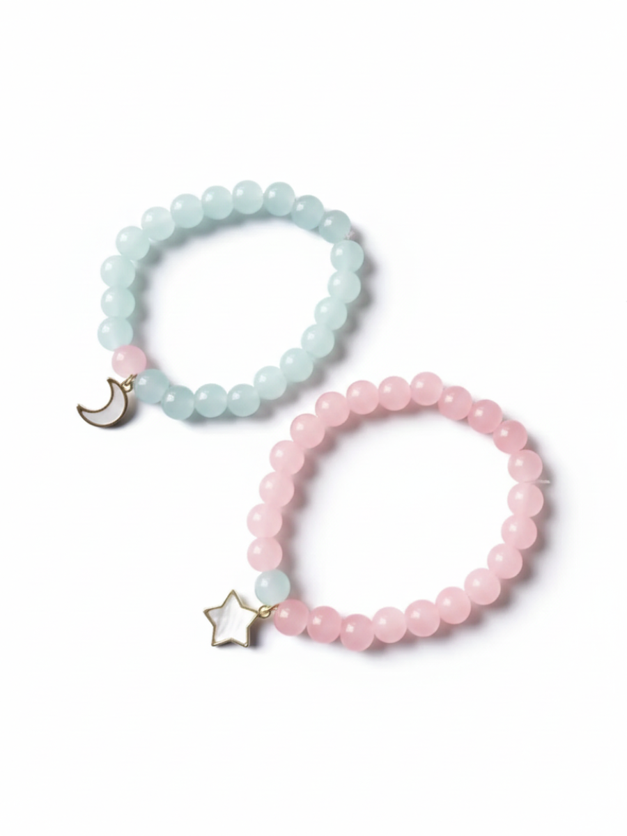 Star and Moon Charms Pink and Sky Blue Beaded Friendship Bracelets